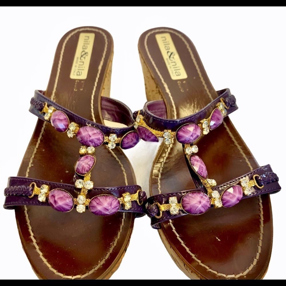 Nila & Nila purple rhinestone and jewel sandals platform cork
